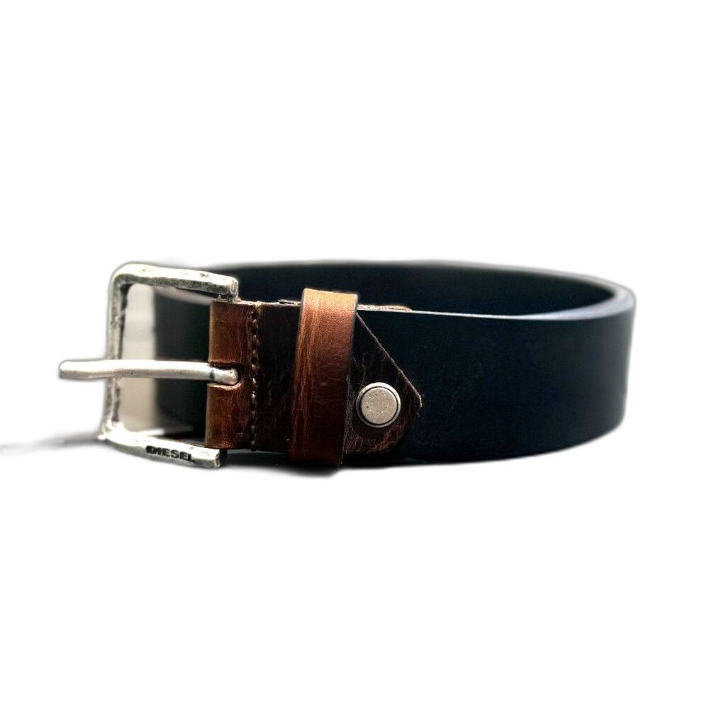 Diesel 100% Leather Black & Saddle Brown Belt Silver Tone Buckle Size 38
